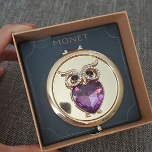 Monet Gold-tone Compact Mirror with Purple Gem Owl